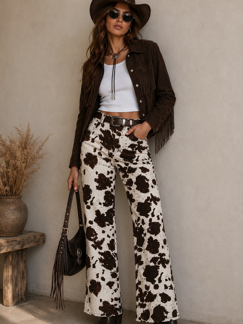 Motel Rocks cow print pants with a slightly flared leg silhouette.